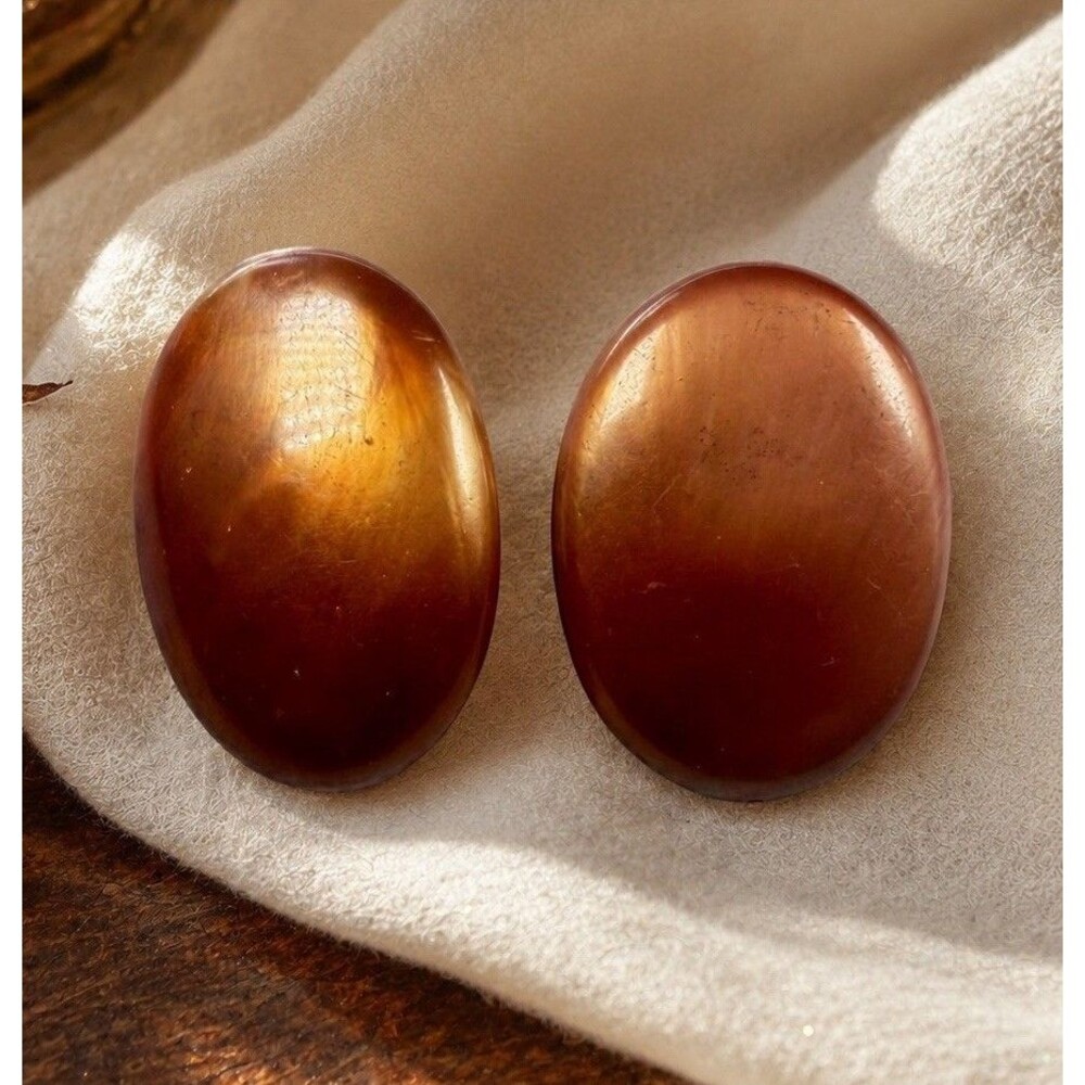 Vintage 1980s Amber Brown Resin Oval Stud Earrings Chunky Statement Retro Fall